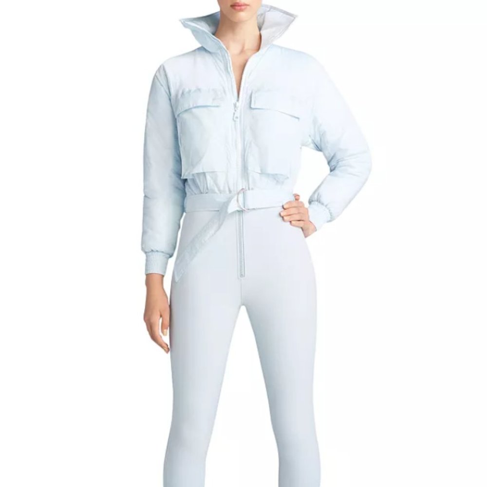 Light Blue Puffer Jacket - Cropped Belted Winter Jacket